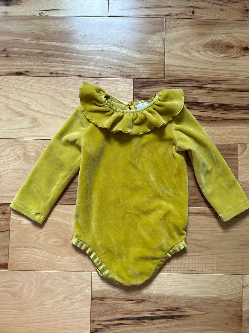 Hanna Andersson Velvet Ruffle-Trim One-Piece in Mustard Yellow 6-12month